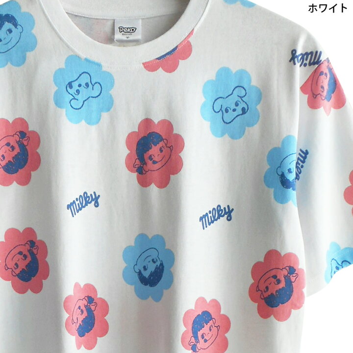 楽天市場 送料無料 ペコちゃん ｔシャツ メンズ 不二家 ミルキー 総柄 包み紙 包装紙 キャンディー Milky ポコちゃん ドッグ スマイル フェイス ロゴ パターン レディース ビッグｔシャツ ペアルック サンリオ レトロ 昭和 Fujiya 個性的 ゆめかわいい 花柄 プラスチカ