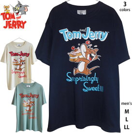 送料無料 トムとジェリー メンズ Tシャツ 半袖 ジェリー チェリーパイ アメリカンコミック かわいい Tom&Jerry アメコミ レディース ビッグTシャツ スマイル くすみカラー ペアルック 古着風デザイン 50年代 80年代 レトロ エモい 男女兼用 大人 春夏 黒 白 緑