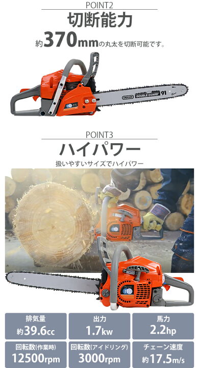 楽天市場】送料無料 チェーンソー エンジン式 16インチ 最大切断径37cm 