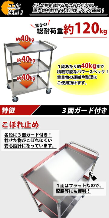 楽天市場】送料無料 ワゴン ステンレス サービスワゴン ガード付き 3段 