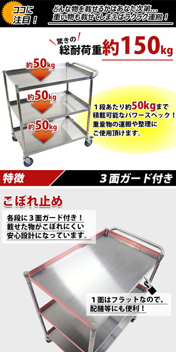 楽天市場】送料無料 ワゴン ステンレス サービスワゴン ガード付き 3段 