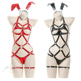 バニーガール コスプレ セクシーコスチューム ボンテージ ハーネス ボディスーツ フェイクレザー ボンテージ レオタード コスプレ衣装 レディース うさ耳 B014