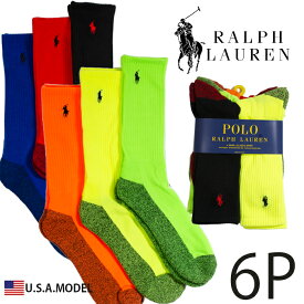 【6足セット】ラルフローレン ソックス RALPH LAUREN メンズ 6P 男性 おしゃれ メンズ クルーソックス 靴下 アメカジ スポーツ ストリート系 USA ブランド ファッション 無地 6足組 クルー丈 黒 赤 ネオンカラー 蛍光 カッコイイ オシャレ ブランド プチ 誕生日プレゼント