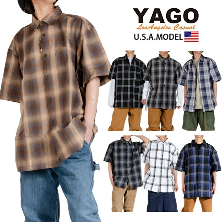 楽天市場 Yago ヤゴ 半袖シャツ チェックシャツ チカーノ ローライダー ウエストコースト アメリカン ビッグサイズ 大きいサイズ 西海岸 カリフォルニア チェック ブルー グレー カーキ ホワイト ゆったり 大きめ ブランド ストリート カジュアル ファッション メンズ