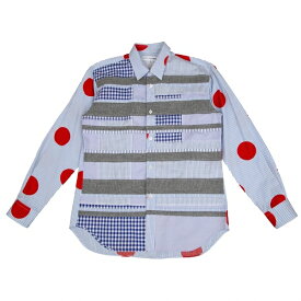 【中古】コムデギャルソン シャツCOMME des GARCONS SHIRT フロントボーダー切替ドットプリントチェックシャツ 白水色XS【メンズ】