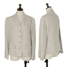【中古】 マドモアゼルノンノンNON NO リネンシルクグレンチェックノーカラージャケット ベージュL【レディース】