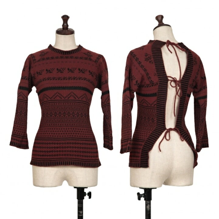 【中古】 ジャンポールゴルチエ クラシックJean Paul GAULTIER CLASSIQUE ロゴレタリングジャガードVネックニットセーター ボルドーマルチ40【レディース】