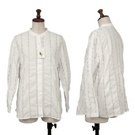 【中古】 マドモアゼルノンノンMademoiselle NON NON ストライプ刺繍バンドカラーシャツ 白水色ベージュL【レディース】