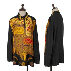 【中古】 エルメスHERMES スカーフ切替プルオーバーニットシャツ 黒黄L【レディース】