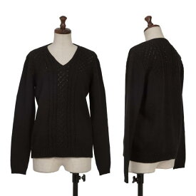 【中古】 マドモアゼルノンノンMademoiselle NON NON コットンアクリルケーブル編み切替Vネックニットセーター 黒M位【レディース】