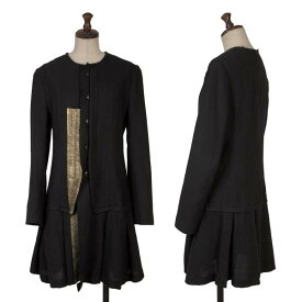 【中古】 ワイズY's ウール箔プリント襟断ち切りロングジャケット 黒金1【レディース】