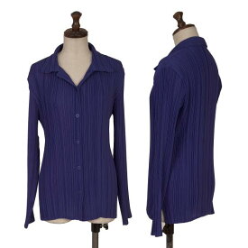 【中古】 イッセイミヤケISSEY MIYAKE オープンカラープリーツ長袖シャツ 青3【レディース】