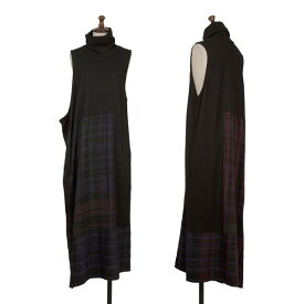 【中古】 ワイズY's チェック切替アシンメトリーノースリーブハイネックワンピース 黒他1【レディース】