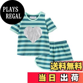 【送料無料】[LittleSpring] セットアップ キッズ 肩だし tシャツ ショートパンツ 子供 女の子 半袖 ボーダー柄 カジュアル 普段着 夏 色：ハート-グリーン、サイズ：100