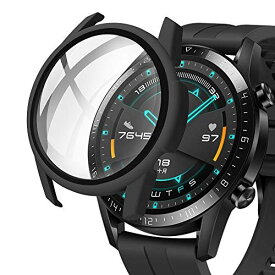 Miimall【PCケース+フイルム 2イン1】対応Huawei Watch GT2 46mm ケース（スクラブ） ファーウェイ ウォッチ GT2 カバー シート シンプル 強化ガラス 高透明 PC材質 擦り傷防止 防衝撃 保護カバー フイルム(ブラック)