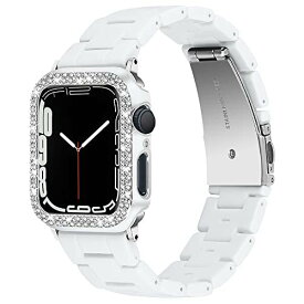 Miimall【バンド＋ケース セット】対応Apple Watch Series SE/6/5/4 44mm バンド アップルウォッチ 6 カバー 樹脂+PC材質 おしゃれなデザイン ラインストーン付き 可愛い 装着簡単 Apple Watch 44mm 保護カバー（ホワイト｜44mm）