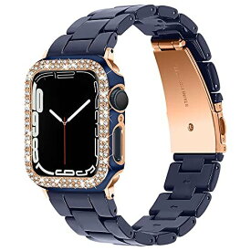 Miimall【バンド＋ケース セット】対応Apple Watch Series SE/6/5/4 44mm バンド アップルウォッチ 6 カバー 樹脂+PC材質 おしゃれなデザイン ラインストーン付き 可愛い 装着簡単 Apple Watch 44mm 保護カバー（ブルー｜44mm）