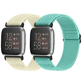 Financingpig for Fitbit Versa/Versa 2/Versa Lite/Versa SE ナイロン弾性バンド 快適で 調節可能な軽量交換用バンド (ベージュ+ミントグリーン)