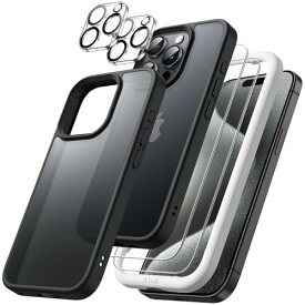 JEDirect 5 in 1 iPhone 15 Pro 6.1インチ用 マットケース 2枚強化ガラスフィルム+2枚カメラレンズフィルム付き 5枚セット 半透明背面 耐衝撃スマホカバー (ブラック)