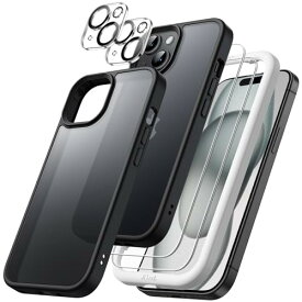 JEDirect 5 in 1 iPhone 15 6.1インチ用 マットケース 2枚強化ガラスフィルム+2枚カメラレンズフィルム付き 5枚セット 半透明背面 耐衝撃スマホカバー (ブラック)