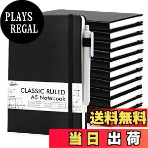 【送料無料】Feela ノートブック A5 12冊セット A罫 7mm 64枚 黒 横罫 合皮ハードカバー 水平開き ビジネス・会議ノート ペン・内ポケット・しおり紐付き 防水 クラシックノート 日記帳 メモ帳