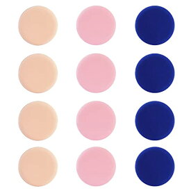 BTtime クッションファンデ パフ スポンジ メイク 12個入 柔らかい 3色 3層構造 化粧パフ 乾湿両用 多機能メイク用パフ 丸い形（肌の色、ブルー、ピンク）