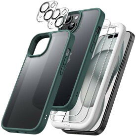 JEDirect 5 in 1 iPhone 15 Plus 6.7インチ用 マットケース 2枚強化ガラスフィルム+2枚カメラレンズフィルム付き 5枚セット 半透明背面 耐衝撃スマホカバー (濃い緑色)