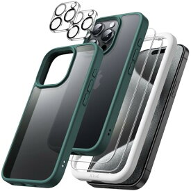 JEDirect 5 in 1 iPhone 15 Pro 6.1インチ用 マットケース 2枚強化ガラスフィルム+2枚カメラレンズフィルム付き 5枚セット 半透明背面 耐衝撃スマホカバー (濃い緑色)