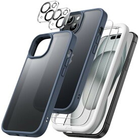 JEDirect 5 in 1 iPhone 15 Plus 6.7インチ用 マットケース 2枚強化ガラスフィルム+2枚カメラレンズフィルム付き 5枚セット 半透明背面 耐衝撃スマホカバー (ストームブルー)