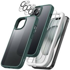 JEDirect 5 in 1 iPhone 15 6.1インチ用 マットケース 2枚強化ガラスフィルム+2枚カメラレンズフィルム付き 5枚セット 半透明背面 耐衝撃スマホカバー (濃い緑色)