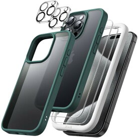 JEDirect 5 in 1 iPhone15ProMax 6.7インチ用 (15 Pro Maxに対応) マットケース 2枚強化ガラスフィルム+2枚カメラレンズフィルム付き 5枚セット 半透明背面 耐衝撃スマホカバー (濃い緑色)