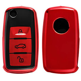 kwmobile 対応: VW Skoda Seat 3-ボタン 車のキー キーケース - キーカバー 鍵カバー TPU 光沢仕上げ - 車鍵 耐衝撃 保護 赤色マット/光沢 ブラック
