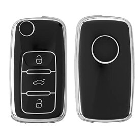 kwmobile 対応: VW Skoda Seat 3-ボタン 車のキー キーケース - キーカバー 鍵カバー TPU 光沢仕上げ - 車鍵 耐衝撃 保護 黒色/シルバー
