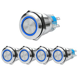 Andux Space オルタネイト 押しボタンスイッチ 平頭 環状LEDライト ボタンスイッチ 5個セット 装着内径19mm 防水 JSANKG-07 (ブルー)