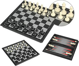 Andux 折りたたみ式マグネット式ボードゲーム 3-In-1 多機能チェスボード チェス バックギャモン チェッカー CXYXQ-02 (L) 48812