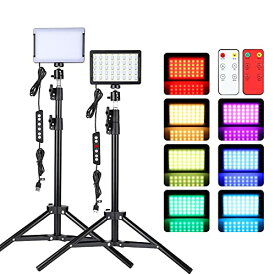 AiknowFoto 撮影用ライト ビデオライト RGB写真照明キット (2パック) 調節可能な三脚スタンドとリモコン付き 調光可能 9900K ストリーミング/ビデオ会議/スタジオ撮影用