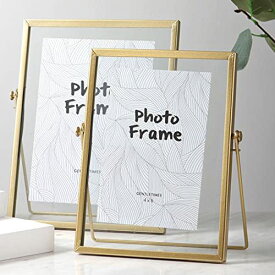 aleawol フォトフレーム 2L判 透明 ガラス 写真立て ゴールド 写真フレーム 卓上 フォトスタンド スクエア 金属フレーム 北欧 ins風飾り物 お祝い 結婚祝い プレゼント (200X150mm/4x6インチ)