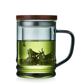 POKALOTEA ポカロティー 茶こし付きティーマグ 耐熱ガラス ティーカップ 耐熱温度差170度 木製蓋付 取手付き 食洗機対応 仕事中水分補給 生日記念日お祝い 満水容量 430ML