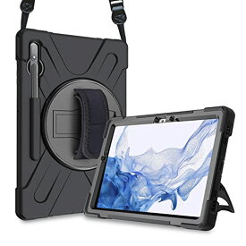 ProCase Samsung Galaxy Tab S8+/Tab S7 Plus 12.4” 2020 背面ケース [S Pen ホルダー付き] 耐衝撃カバー 回転式キックスタンド ハンドストラップ 対応機種：Galaxy Tab S8+（SM-X800 X806）/Tab S7 Plus 12.4"(SM-T970/T975/T976/T978) 2020発売‐ブラック