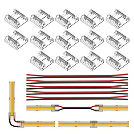 BTF-LIGHTING 2PIN コネクター FCOB COB 10mm コネクター 14個透明なコネクター 15cm長さ 20AWG延長コードケーブル FCOB FOB LEDテープライト用の透明なミドルカバーコネクター 半田不要 テープライトまたはケーブルに直接接続可能