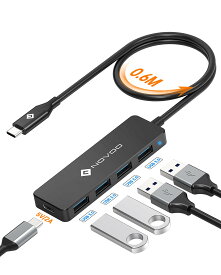 NOVOO 4in1 USB C ハブ - 600mm延長ケーブル、4つの高速USB 3.0ポート、5Gbpsデータ転送、5V/2A自己電源供給、スリム設計、iPhone 15/NEC/FCCL/ASUS/Lenovo/Dynabook/MacBook Pro Air M1M2/ノートPC/モバイル HDD/PS5/Switch対応用USB ハブ USB-C アダプター タイプ C ハ
