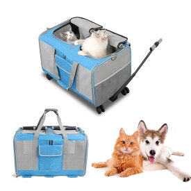 Aikenn 猫 キャリー 2匹用 キャリーバッグ 折りたたみ 通気性 耐久性 リュック 軽量 持ち運び 旅行 通院 ペット用品 (グレー) (ブルー)