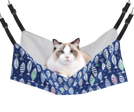 猫 ハンモック Blueekin キャットハンモック ヒモ調整可能 ペット ベッド ネコハンモック ケージ用 耐荷重10KG 大きい 56cm x 46cm 通気性 日向ぼっこ 遊び場 丸洗い 金具丈夫 夏冬両用（魚柄）