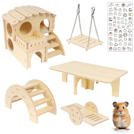 【送料無料】IRRVIN 6点セット ハムスター ハウス おもちゃ ハムスター 家 ハムスター おもちゃ 木製 厚い 丈夫 耐久性 取り付け簡単 ハムスター 遊び場 遊び道具 小屋 かわいい ステッカー付き ストレス解消 運動不足解消 小動物用品