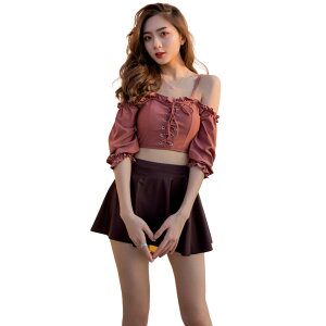 【送料無料】水着 レディース ビキニ オフショルダー ビスチェ風 3点セット 2way レースアップ水着 タンキニ ハイウエスト フリル水着 体型カバー スカート 女性 セパレート 温泉水着 かわい