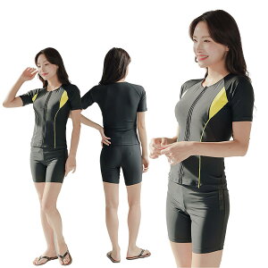 【送料無料】 フィットネス 水着 レディース セパレート 半袖 上下セット めくれ防止 スクール UVカット ファスナー 袖付 体型カバー カップ付 大きいサイズ 色:イエロー、サイズ:M