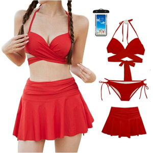 【送料無料】 水着 レディース クロス ビキニ スカート 3点 セット 美バスト ワイヤー入り 体型カバー 無地 ホルターネック 色:レッド、サイズ:L