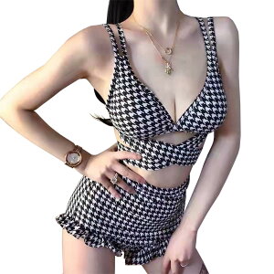 【送料無料】 水着 レディース ビキニ セット 千鳥柄 かわいい トレンド水着 フリル チェック柄 ハイウエスト セクシー パット付き 盛れる水着 体型カバー 海 プール ビーチ おしゃれ 韓国風
