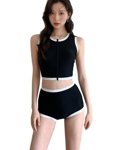 【送料無料】 水着 レディース ビキニ 上下セット ハイウエスト ショートパンツ 体型カバー 前ファスナー パッド付き 水着 温泉 色:ブラック、サイズ:L