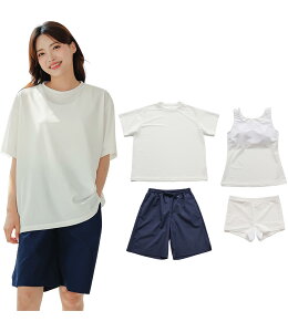 【送料無料】 水着 レディース 体型カバー 4点セット オーバーTシャツ サーフパンツ タンクトップ ショーツ パッド付き セパレート スイムウェア UVカットUPF50+ プール 速乾 色:半袖ホワイト